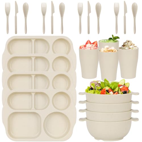 24 PCS Wheat Straw Dinnerware Set for Kids Divided Plates Bowls Cup Cutlery Sets, Reusable Tableware Set Microwave Dishwasher Safe for School Party, Camping, Home - color: Beige