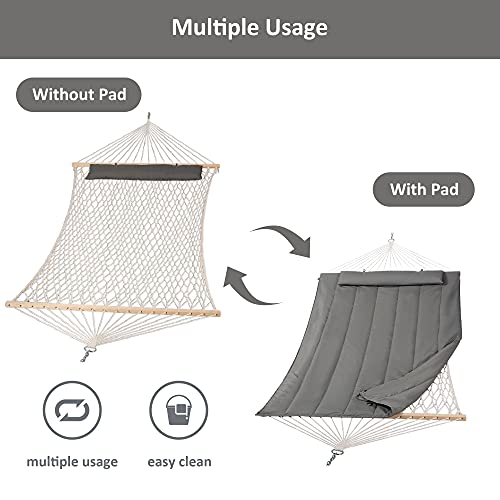 SUNCREAT Hammocks Double Cotton Rope Hammock with Polyester Pad, Heavy Duty Hammock with Wooden Stand, Dark Gray - color: Pad-dark Gray