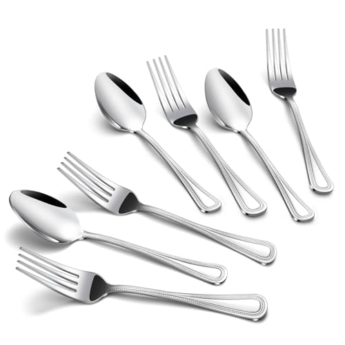 24 PCS Spoons and Forks Set, Food Grade Stainless Steel with Pearl Dot Design Handle Silverware Set, Mirror Polished Dishwasher Safe, Silverware Forks and Spoons for Home or Restaurant - color: Metallic Silver