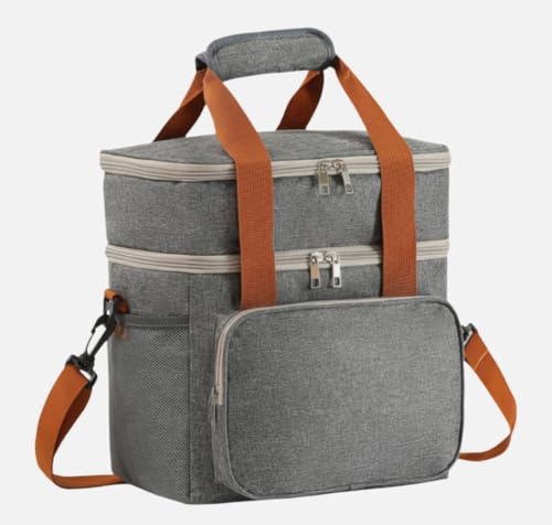 Double Layer Cooler Bag – Leakproof Thermal Food Storage Tote with Shoulder Strap – Large Capacity for Work, Travel, or Picnic – Available in Gray, Black & Navy Blue - color: Grey