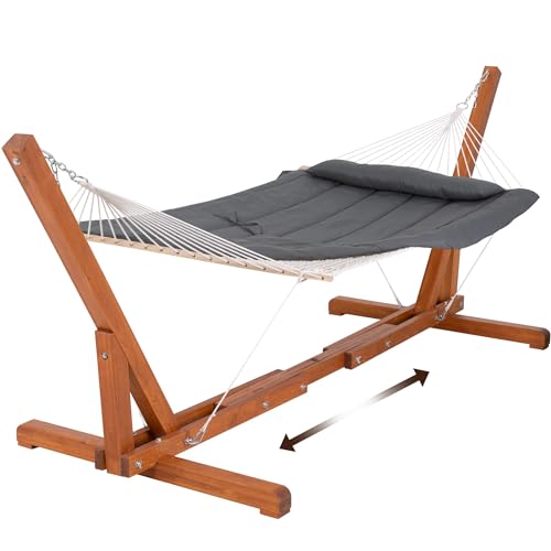 SUNCREAT Hammocks Double Cotton Rope Hammock with Polyester Pad, Heavy Duty Hammock with Wooden Stand, Dark Gray - color: Pad-dark Gray