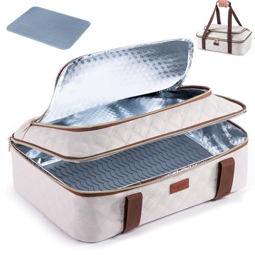 BAGSPRITE Insulated Casserole Carrier for Hot or Cold Food with Heat-resistant Mat, Casserole Dish Carrier Insulated Food Carrier, Hot Food Carrier, Foil Pan Carrier Fits 9" x 13" Baking Dish - color: Ivory, size: Style A