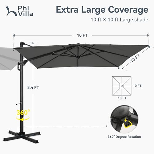 PHI VILLA 10ft Cantilever Patio Umbrella with Crank Handle, 7-Level Tilt & 360° Rotation, Aluminum Square Outdoor Offset Umbrella Windproof & Crashproof for Garden, Deck, Pool (Grey) - color: Grey, size: 10'x10'-No Base