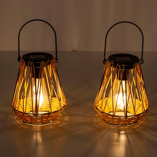 Solar Lanterns,2 Pack Hanging Solar Lantern Outdoor Lanterns for Patio Waterproof,Rattan Lantern with Handle,Decorative Retro Rattan Lights for Yard - style: Ranttan-2