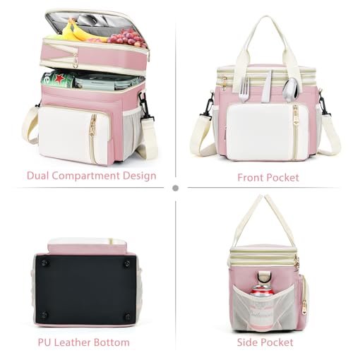 Lunch Box & Lunch Bag for Women, Large Insulated Adult Lunch Box Leakproof Lunchbox Cooler Bag for Work Picnic Beach,16L, Light Pink & White - color: Light Pink