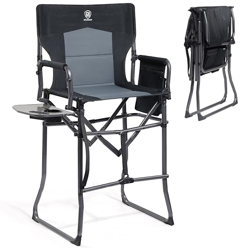 EVER ADVANCED Portable 30.7" Seat Height Tall Folding Camping Chair Directors Chair High Foldable Bar Stool with Side Table for Makeup Artist, Sports Event, Craft Show, Supports 350LBS - color: Black Grey