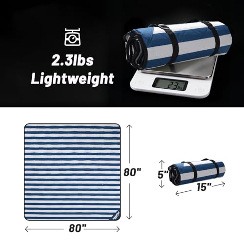 Large Picnic Blanket 80"x80" – Extra Large Waterproof Sandproof Outdoor Blanket for Beach, Grass, Park, Lawn, Camping, Wedding Registry Gift, Foldable & Portable Mat for Family Travel - color: Chatham Blue