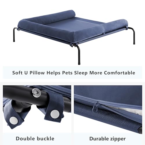 Cooling Elevated Dog Bed for Large Dogs, Outdoor Raised Dog Beds Portable Dogs Cot Bed W/Breathable Mesh, Pet Cots W/Removable Waterproof Bolster - color: Dark Blue, size: 43.0"L x 31.0"W x 8.0"Th