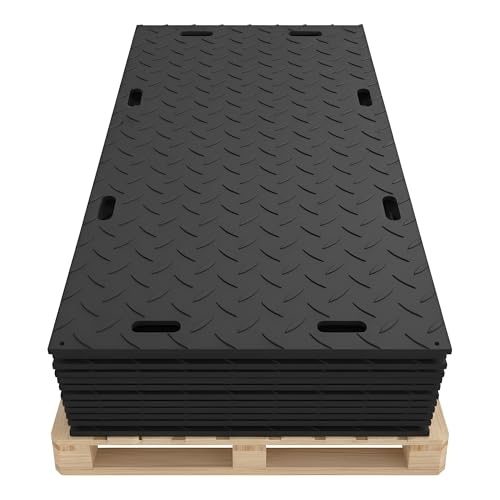 Ground Protection Mat 2’ x 8’ – ½” Thick - Recyclable HDPE Diamond Tread Pattern - Non-Slip Reusable Waterproof - Driveway & Construction Mats for Equipment & Landscaping – 5 Pcs Pack