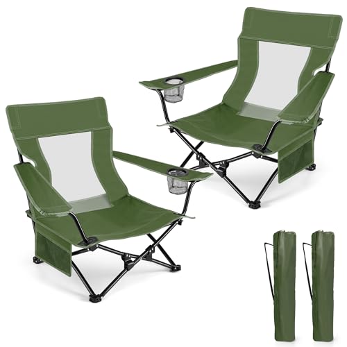 HaSteeL Folding Beach Chair Set of 2, Foldable Green Camping Chairs for Outside, Low Beach Chair Portable for Adults Fishing, Picnic, Outdoor BBQ, Travel, Sports, Cup Holder & Storage Bag - color: Green Chairs