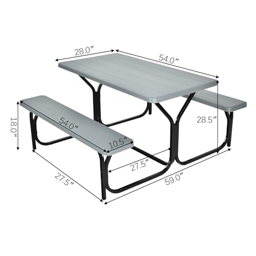 MEDIMALL Portable Picnic Table With Benches, Plastic Bench Set With Metal Frame & All Weather Tabletop, Large Camping Table for Outdoors, Backyard, Garden (Gray) - color: Grey