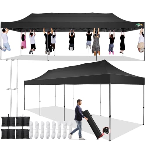 COBIZI 10x30 Pop up Canopy Tent 10x30 Canopy No Sidewall Waterproof Heavy Duty Commercial for Parties Outdoor Garden Gazebo Tent, Carry Bag with Wheel(10x30ft No Sidewalls, Black) - color: Black, size: 10X30FT No Sidewalls