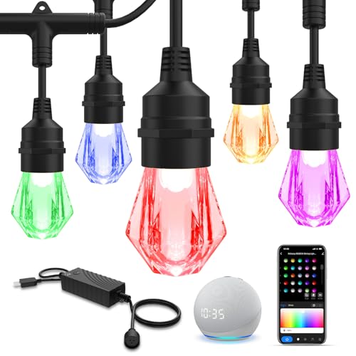 XMCOSY+ Smart Outdoor String Lights - 64ft RGBCWIC Patio Lights with 24 Color Changing Bulbs, LED String Light for Outside Backyard Bistro Party, APP WiFi Control, Work with Alexa, IP65 Waterproof - size: 64Ft-Acrylic Bulb