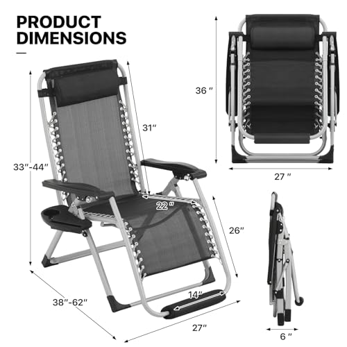 MoNiBloom 27-Inch Zero Gravity Lounge Chair with Cushion, Padded Patio Anti Gravity Recliner, Foldable Outdoor Lounger with Headrest and Footrest for Beach Camping, Black - color: Black, size: 27-Inch with Footrest 1-Pack