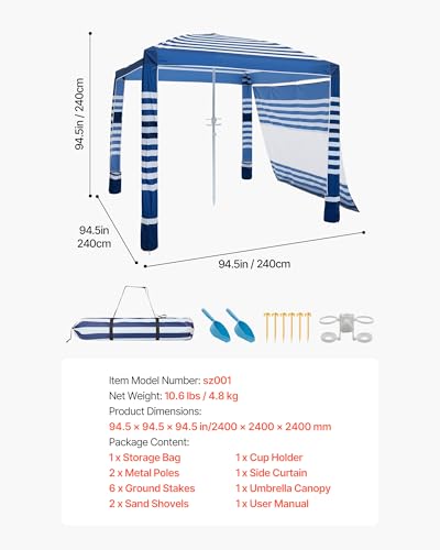 VEVOR Beach Cabana, 8 x 8 ft Beach Canopy with Side Wall, UPF 50+ Protection Easy Setup Cabana Tent with Sand Pockets, Adjustable Height Portable Shade Sun Shelter Umbrella for Family, Navy Stripes - color: Navy Stripes, size: 8*8