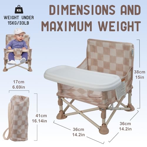 Tiny Marvels 3-in-1 Portable Baby Chair, Foldable Booster Seat with Removable Tray, Safety Harness & Carry Bag for Dining, Travel, Camping, Beach, 6M-3Y (Sand Checker) - color: Sand Checker