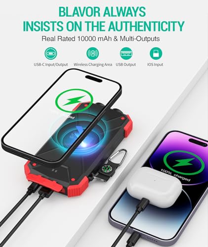 BLAVOR Solar Power Bank 10,000mAh, Portable Wireless Charger, 20W Fast Charging External Battery Pack with USB C for Cell Phones, Solar Panel Charging with Dual Flashlight for Camping - color: Red