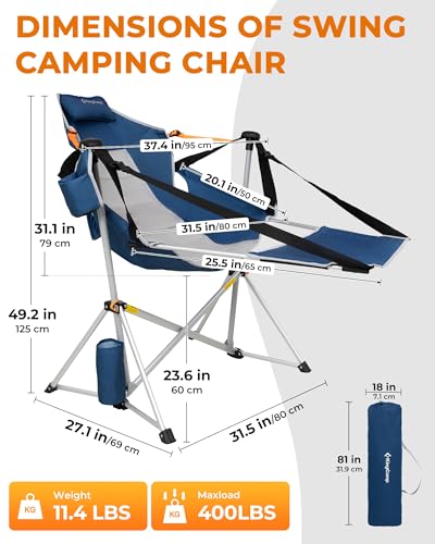 KingCamp Hammock Chair with Footrest – Heavy Duty Swinging Rocking Camping Chairs for Adults up to 400lbs, Folding Portable Oversized Rocker with Cup Holder & Pillow for Outdoor Beach Lawn RV Sports - color: Footrest Deluxe Dark Blue