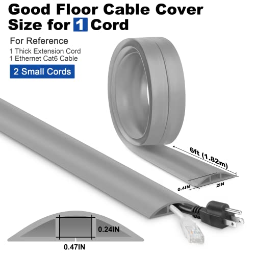 Floor Cord Cover - 6FT, Grey, Single Cord Protector - Wire Cover Cavity: 0.47" (W) x 0.24" (H) - color: Grey, size: W2" × L6'