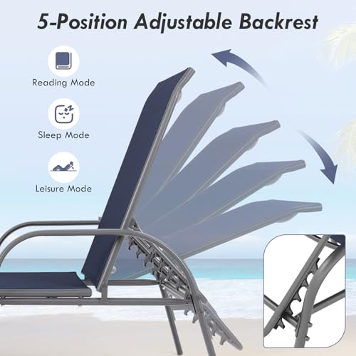 Giantex Patio Lounge Chair, Outdoor Chaise Lounge with 5 Adjustable Backrest, Sturdy Steel Frame, Sunbathing Recliner, Tanning Chair for Beach, Outside, Yard, Balcony, Pool Chairs, Navy - color: Navy