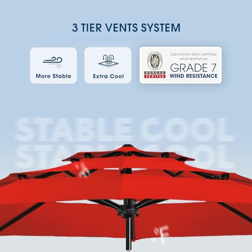 wikiwiki 9ft 3-Tier Patio Umbrella Outdoor Table Market Umbrella for Patio with Push Button Tilt/Crank, Fade Resistant Waterproof POLYESTER Canopy for Garden, Lawn, Deck, Backyard & Pool, Light Red - color: Light Red, size: 9 FT
