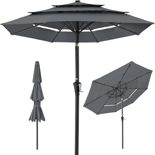 Best Choice Products 10ft 3-Tier Market Patio Umbrella, Outdoor Sun Shade with Tilt, Crank Lift, 8 Ribs for Backyard, Deck, Poolside - color: Slate