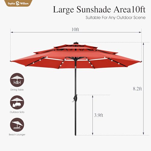 Sophia & William 10ft Patio Umbrellas 3-Tier Umbrella Outdoor Patio Umbrellas with Lights Vented Top 24 LED lights Adjustable Tilt for Pool Garden Backyard, Red - color: Red