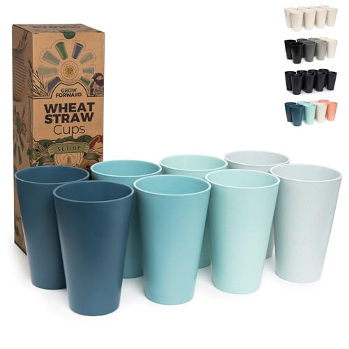 Grow Forward Premium Wheat Straw Cups - 20 oz Unbreakable BPA Free Hard Plastic Cups - Reusable Lightweight Plastic Drinking Glasses for Kitchen, Outdoor, Water, Camping, RV - Seascape - color: Seascape, size: 20oz