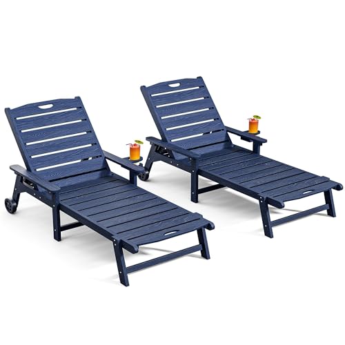 Outdoor Lounge Chair Set of 2 with 5-Position Adjustable, Outside Lounge Chair with Cup Holder, Wheels for Easy Mobility, HDPE Tanning Chair for Poolside, Patio, Blue - color: Blue, size: 2pc