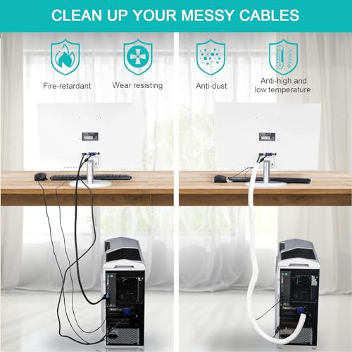 2 Pack 5ft - 1 inch White Cable Sleeve, Cable Organizer for Desk PC TV Computer, Wire Protector Cable Wrap Cover, Cord Management for Home Office - color: White, size: 10ft, 1''