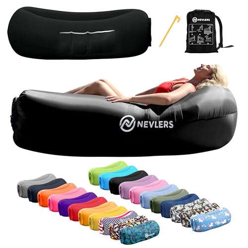 Nevlers Dark Black Inflatable Lounger | 210T Polyester Inflatable Chair | No-Pump Air Couch | Outdoor Inflatable Couch w/ 450lbs. Cap., Pockets & Matching Bag | Use as Blow Up Couch for Adults & Kids - color: Dark Black, size: 1 Pack