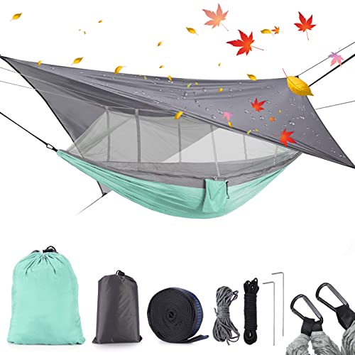 Camping Hammock with Mosquito Net & Rain Fly Tent Tarp & Tree Straps Portable Strong Nylon Hammock Parachute Tent w/Storage Bag for Camping Hiking Backyard Outdoor Backpacking Travel - color: Mint Green
