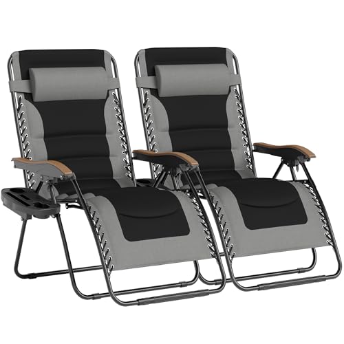 PHI VILLA XXL Oversized Padded Zero Gravity Chair Set of 2, Foldable Patio Recliner, 30" Wide Seat Anti Gravity Lounger with Armrest and Cup Holder, Support 400 LBS (Grey) - color: Grey, style: 2 Pcs