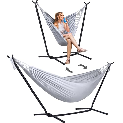 SUNCREAT 2-in-1 Convertible Extra Large Hammocks with Stand, Heavy Duty 2 Person Hammock for Outside with Stand, Patented, Light Gray - color: A-light Gray