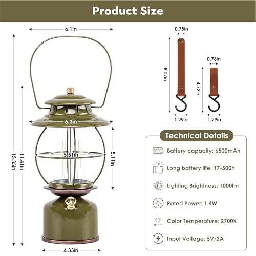 Metal Vintage LED Camping Lantern, 6800mAh Rechargeable Battery Last 17-500 Hours Camping Lamp, Large Dimmable Hanging Lantern, Retro Camping Light with Hook for Courtyard Outdoor Decoration - style: Retro Army Green