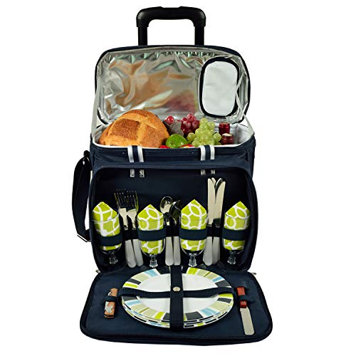 Picnic at Ascot Original Insulated Picnic Cooler with Service for 4 on Wheels-Designed & Assembled in USA - color: Trellis Green
