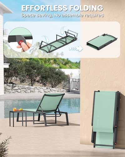 Aluminum Chaise Lounge Chair Outdoor, Foldable& No Assembly Patio Pool Lounge Chairs 5-Position Recliner for Outside, Fully Grounded Legs Sun Lounger for Poolside, Light Green - color: Light Green, size: 1