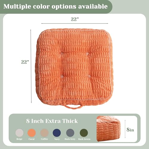 8" Washable Floor Pillow Cushion for Adults, Meditation Cushion Pillow, Removable Tufted Blended Corduroy Cover, Large Square Floor Sitting for Tatami Living Room or Yoga, 2Pack, Machine Washable - color: Square Coral, size: 8" Thick(Pack of 2)
