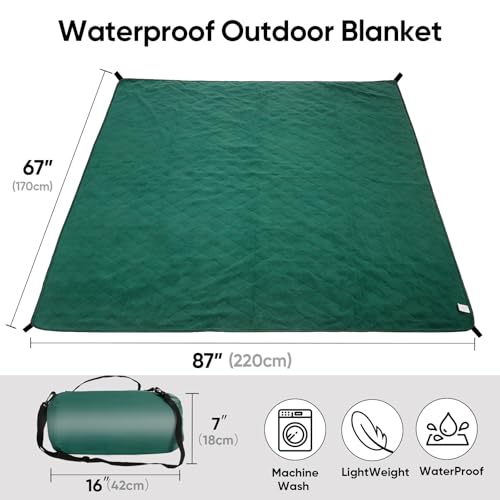 Northroad Waterproof Outdoor Blanket w/Fleece Lining, Large Windproof Camping Blankets for Cold Weather, Light Weight and Warm for Stadium, Hiking, Dog, Picnic, Washable, 67”X 87” (Green, 1PCS) - color: Fleece Green-250 Gsm, size: 87"x 67"