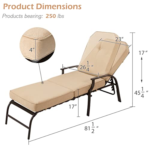 U-MAX Adjustable Outdoor Chaise Lounge Chair Patio Lounge Chair Recliner Furniture with Armrest and Cushion for Deck, Poolside, Backyard (Beige, 1 PC) - color: Beige, size: 1 PC