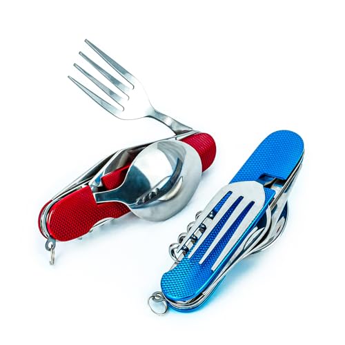 6-in-1 Multi-Function Camping Utensil Flatware Set Detachable Spoon Fork Knife Combo Mess Kit with Carrying Pouch (Blue + Red) - color: Blue + Red