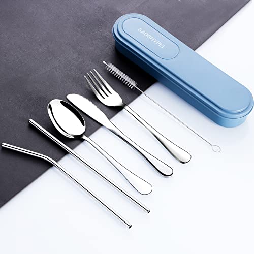Portable Utensils Set with Case, 4pcs Stainless Steel Reusable Silverware for Lunch Camping School Picnic Workplace Travel, Lunch Box Includ Fork Spoon Knife,Easy to clean,Dishwasher Safe(Black) - color: Blue