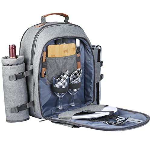 Sunflora Insulated Picnic Backpack for 2 Person Bag with Cooler Compartment, Wine Pouch, Blanket and Stainless Steel Cutlery Set for Couple, Lovers and Friends (Grey) - color: Gray, size: 2 person