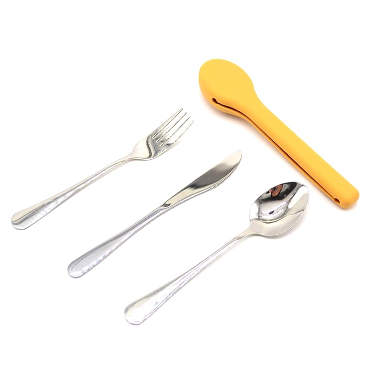 Portable Silverware Utensils Set with Silicon Case (Twilight Winter Yellow), 3 pcs Stainless Steel Cutlery Set (Fork Spoon Knife) For Camping School Picnic Office Travel - color: Twilight Winter Yellow