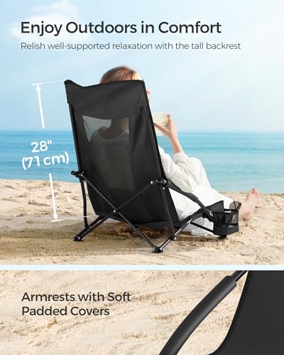 SONGMICS Portable Beach Chair for Adults, Max. Load 330 lb, High Backrest, Cup Holder, Lightweight, Heavy-Duty, Black UGCB61BK - color: Black, style: 1 Pack