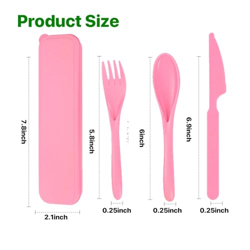 Pink Utensil set Travel Silverware with Case, 2 Sets Reusable Utensils Set with Case, Wheat Straw Utensils for Lunch Box Accessories, Camping Utensils for Work Lunch or Daily Use (Pink) - color: Pink