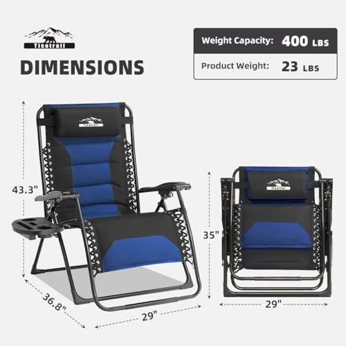 Zero Gravity Lounge Chairs - Set of 4 Oversized Reclining Patio Chairs with Adjustable Pillow & Cup Holder (500lbs Capacity, Black/Blue) - color: Black & Blue, size: X-Large/4 PCS