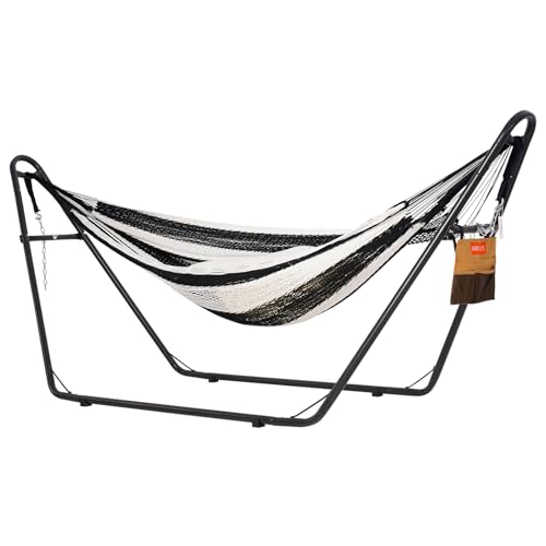 Lazy Daze Hammocks Handwoven Mayan Hammock with Heavy Duty Steel Stand, 10.5 FT Soft Rope Double Hammock for Patio Outside, 550 lbs Weight Capacity, Black/White - color: Black/White