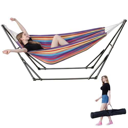 Portable Hammock with Stand for Outside Foldable,Frabic Tension Adjustable Indoor,Carrying Bag Included, 616 lbs Weight Capacity, Suitable Garden Yard Outdoor Inhouse Multicolour - color: Multicolour