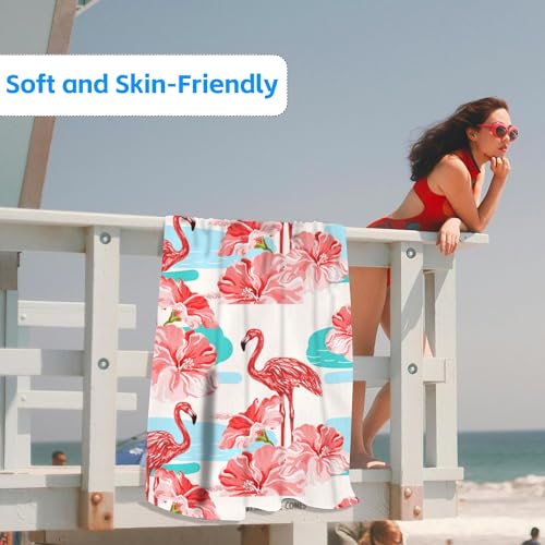 Hibiscus Beach Towel,Tropical Flamingo and Red Hibiscus Lightweight Compact Sand Free Quick Dry Oversized Pool Swimming Towels for Girls Women Adults,29.5"×59" - color: Tropical Flamingo and Red Hibiscus